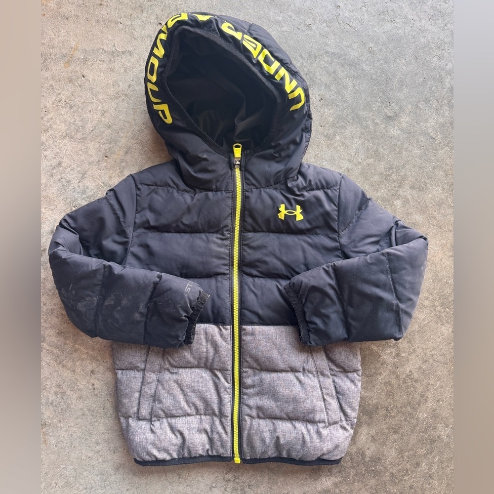 Under Armour Black and Gray Hooded Jacket with Yellow Accents